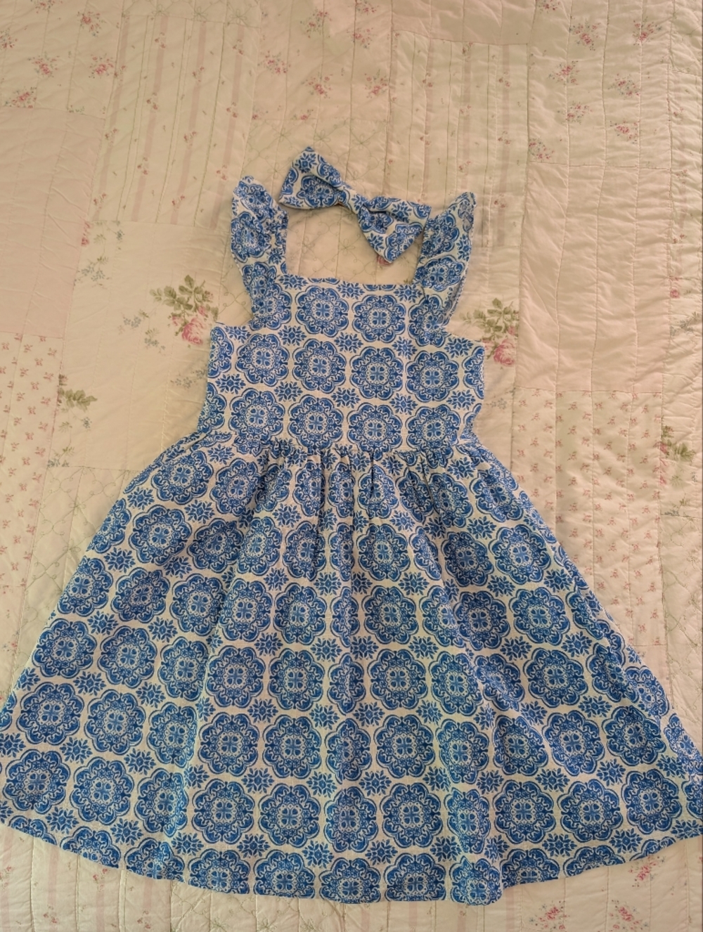 Blue and White Printed Halter Sundress